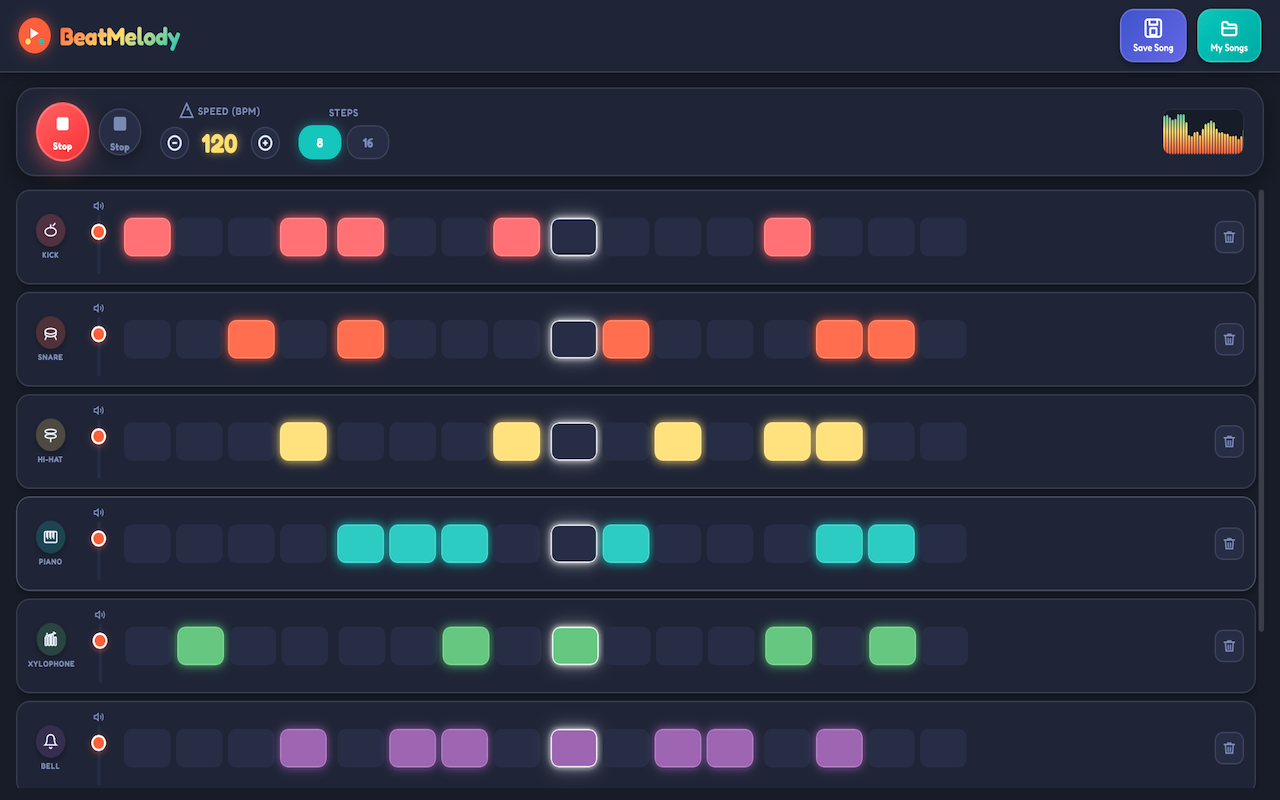 BeatMelody screenshot with colorful beat grid