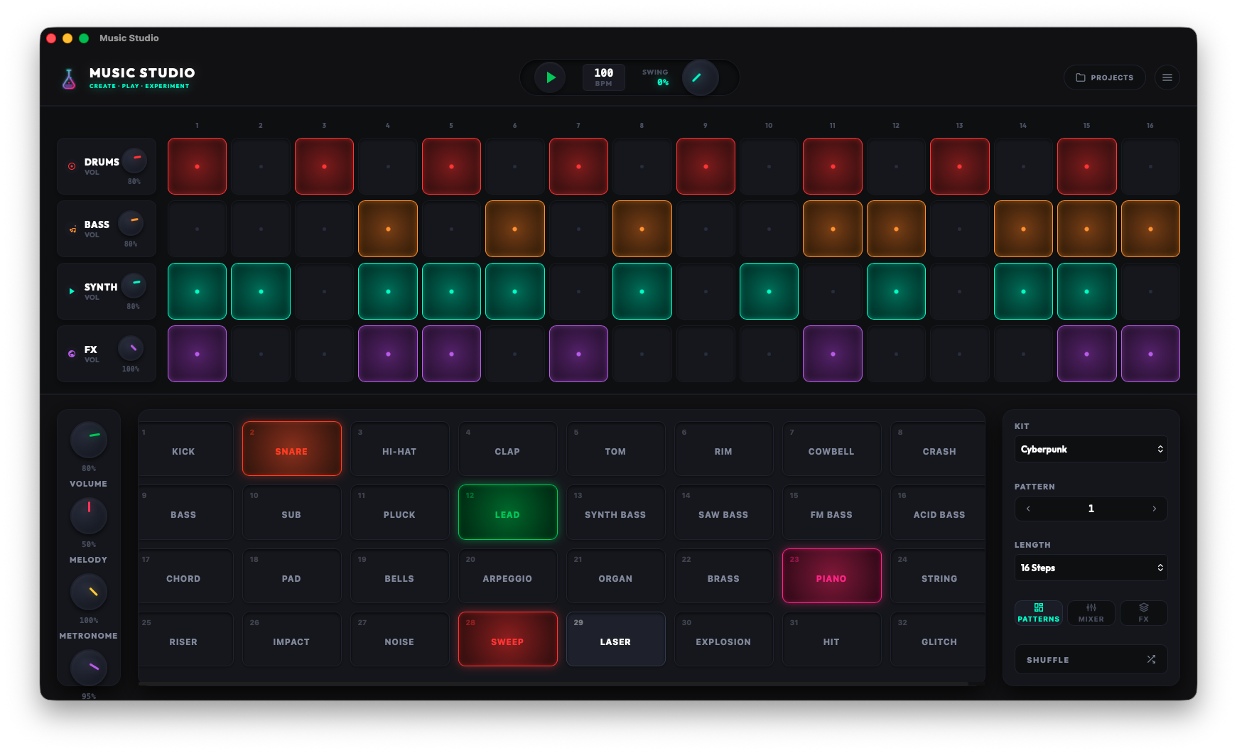 Music Studio 4x16 grid & timeline